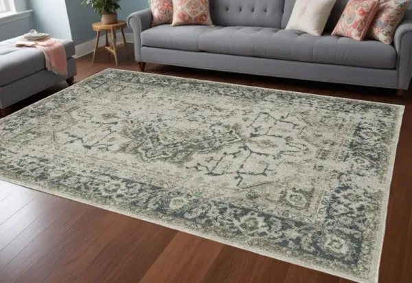 8' x 11' Oriental Power Loom Area Rug - Blue And Gray