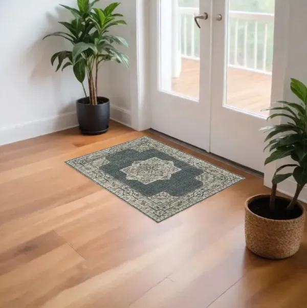 3.3' x 5' Oriental Power Loom Area Rug - Blue And Beige