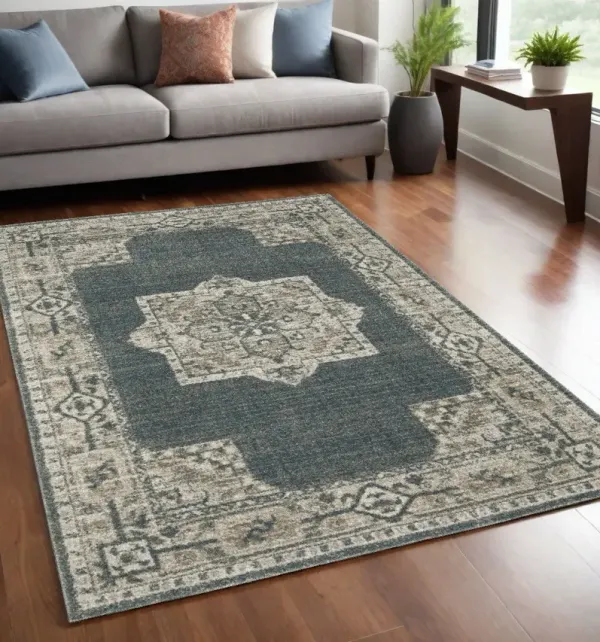 5' x 8' Oriental Power Loom Area Rug - Blue And Beige