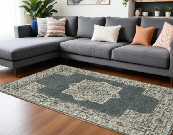 9.8' x 12.8' Oriental Power Loom Area Rug - Blue And Beige