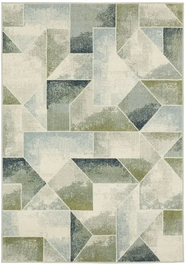 5' x 7' Geometric Power Loom Stain Resistant Area Rug - Blue Green Gray Gold And Ivory