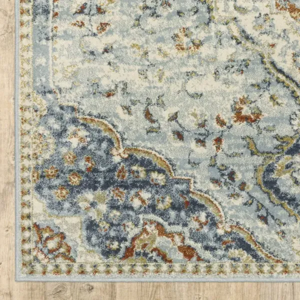 8' x 10' Oriental Power Loom Stain Resistant Area Rug - Blue Beige Rust Gold And Teal