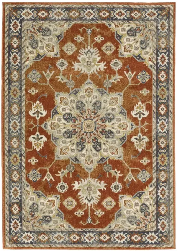 10' x 13' Oriental Power Loom Stain Resistant Area Rug - Rust Beige Teal Blue And Gold