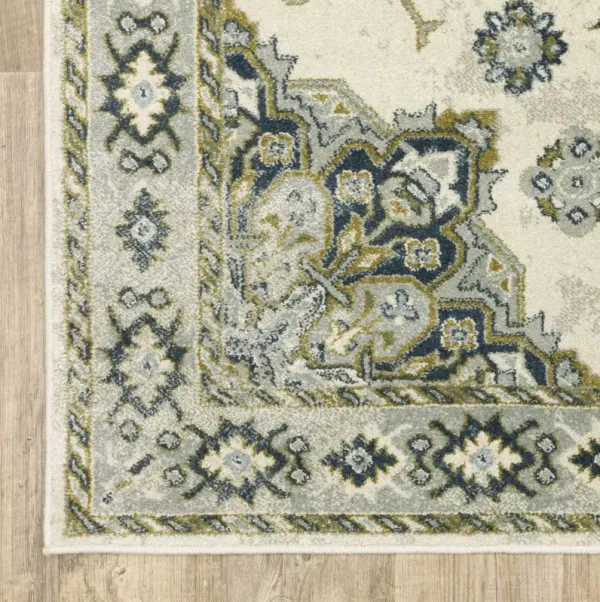 6' x 9' Oriental Power Loom Stain Resistant Area Rug - Ivory Blue Teal Gray And Olive Green
