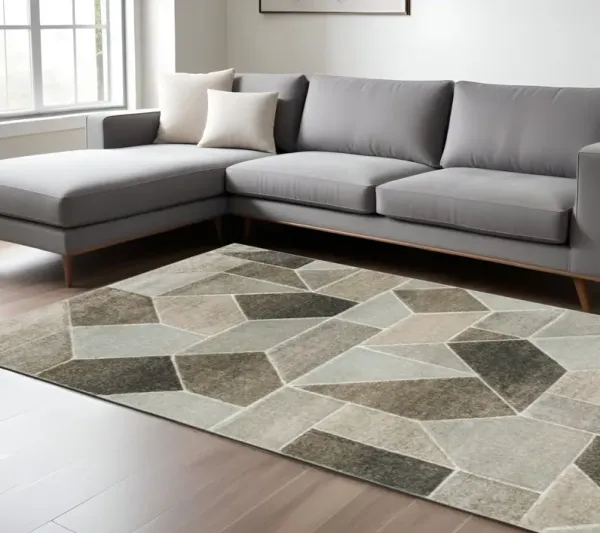 6' x 9' Geometric Power Loom Stain Resistant Area Rug - Gray Brown Beige Tan Taupe And Ivory