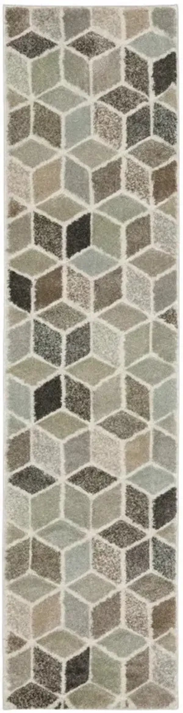 2' x 8' Geometric Power Loom Stain Resistant Runner Rug - Beige Brown Gray Tan Sage And Pale Blue