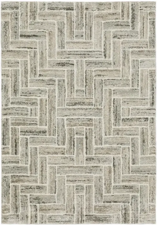 8' x 11' Geometric Power Loom Stain Resistant Area Rug - Ivory Beige Gray Brown Pale Blue And Charcoal