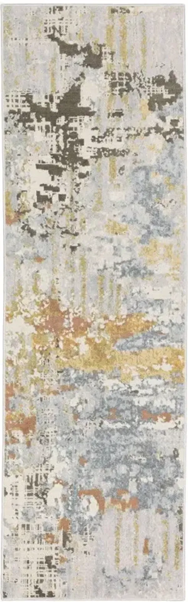2' x 8' Abstract Power Loom Stain Resistant Runner Rug - Gray Blue Beige Gold And Rust