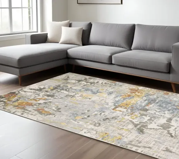 6' x 9' Abstract Power Loom Stain Resistant Area Rug - Gray Blue Beige Gold And Rust