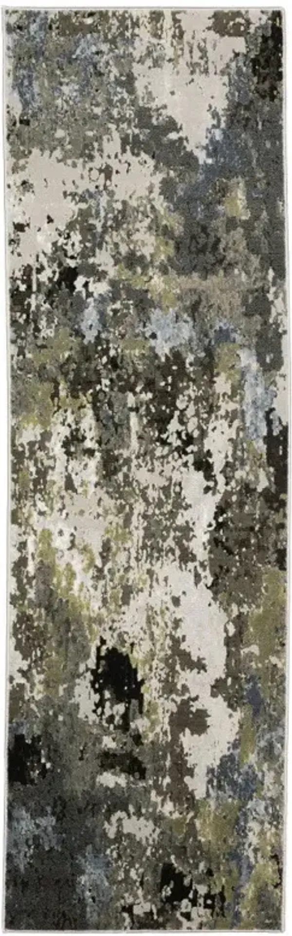 2' x 8' Abstract Power Loom Stain Resistant Runner Rug - Gray Green Gold Blue And Beige