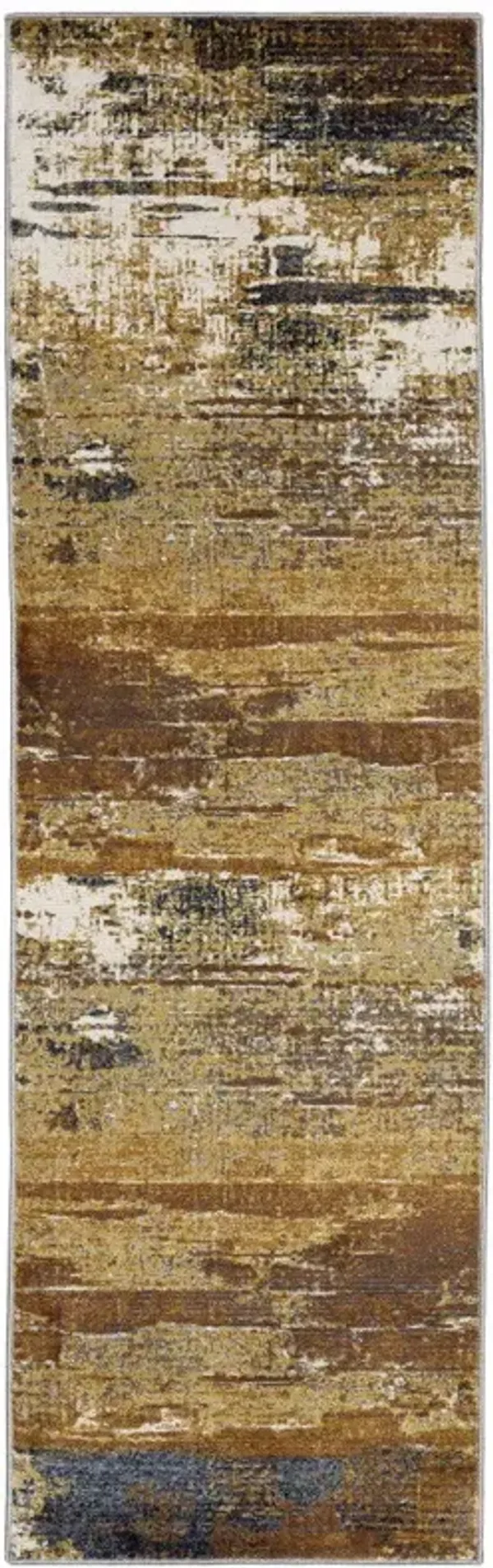 2' x 8' Abstract Power Loom Stain Resistant Runner Rug - Gold Brown Rust Gray Blue And Beige