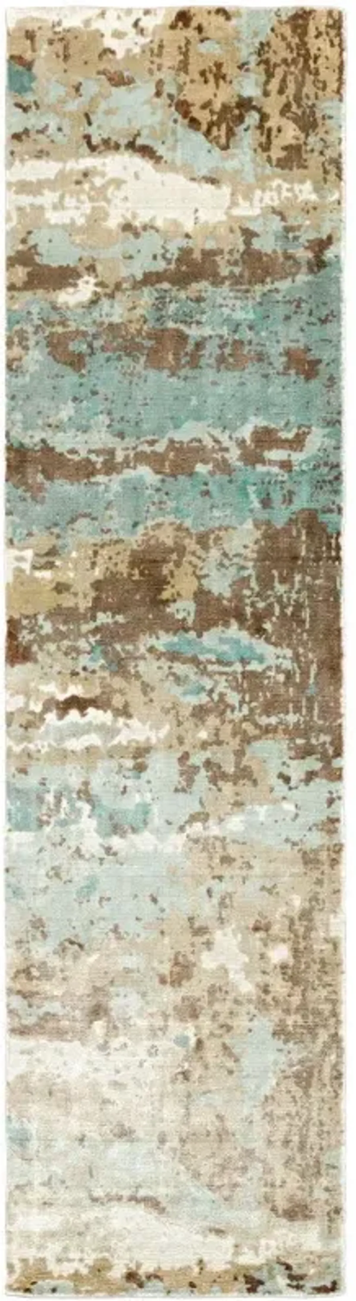 2' x 10' Abstract Hand Loomed Stain Resistant Runner Rug - Blue And Brown