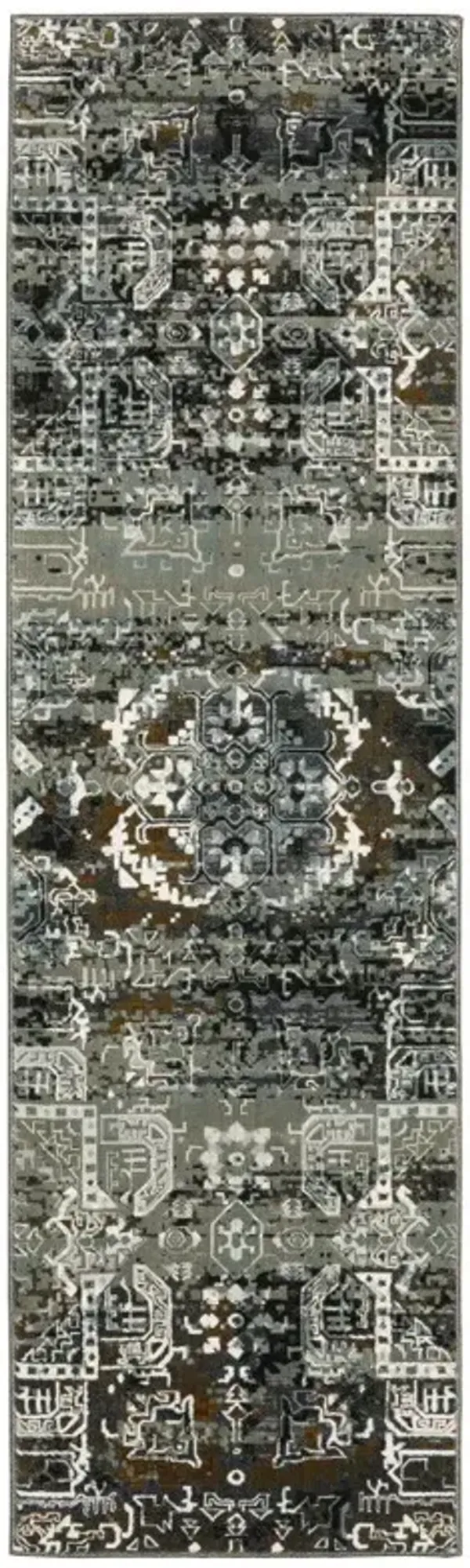 2' x 8' Oriental Power Loom Stain Resistant Runner Rug - Ivory Charcoal Gray Blue Rust Gold And Brown