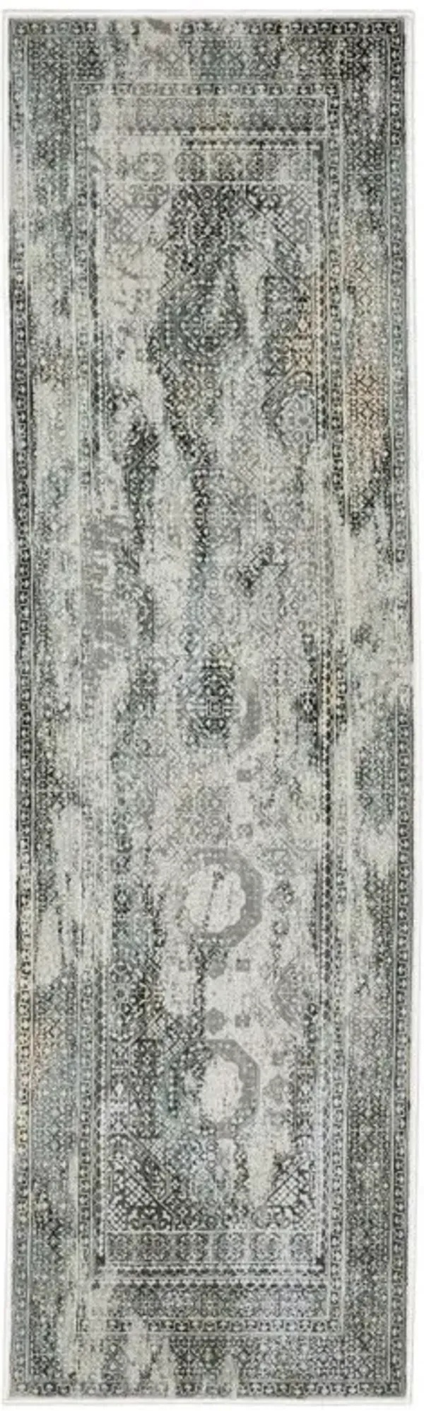 2' x 8' Oriental Power Loom Stain Resistant Runner Rug - Ivory Gray Charcoal Blue And Rust