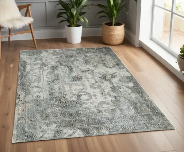 4' x 6' Oriental Power Loom Stain Resistant Area Rug - Ivory Gray Charcoal Blue And Rust