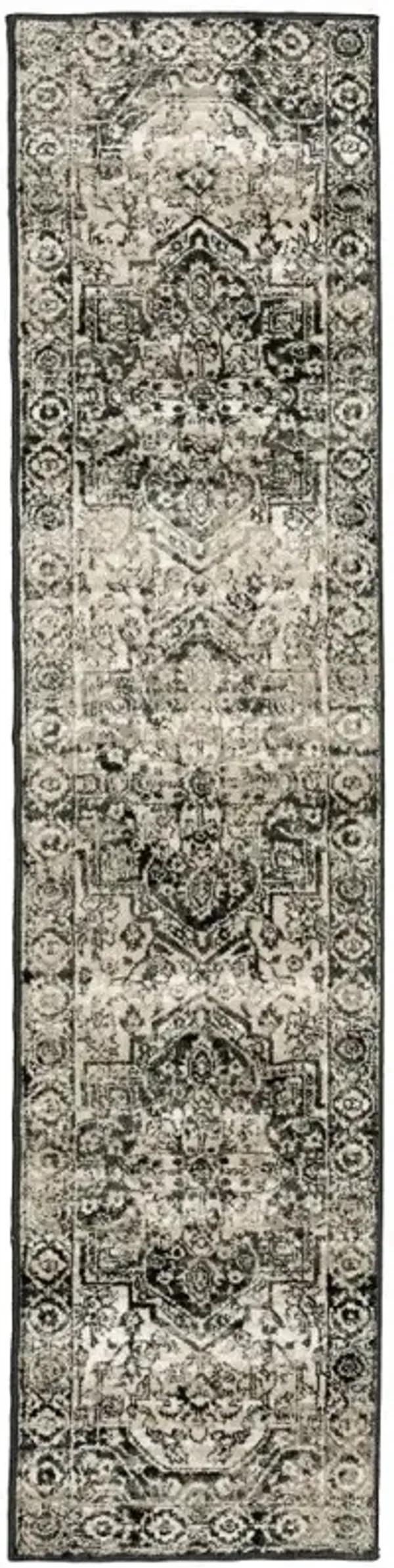 2' x 8' Oriental Power Loom Stain Resistant Runner Rug - Black Gray Tan And Ivory