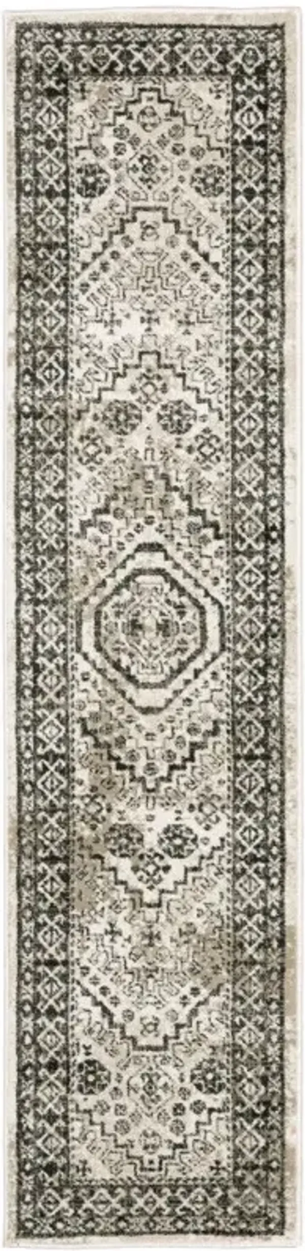 2' x 8' Oriental Power Loom Stain Resistant Runner Rug - Ivory Gray Black And Ivory