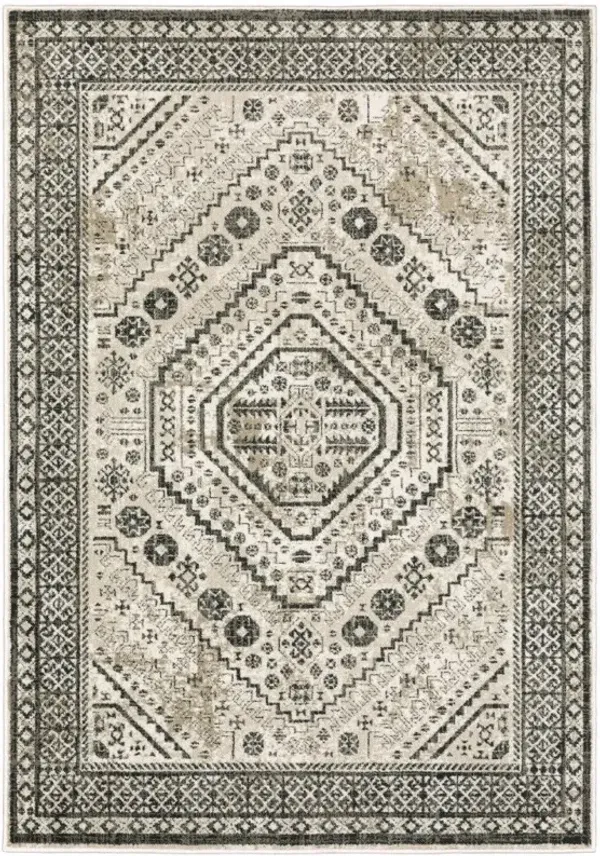 8' x 10' Oriental Power Loom Stain Resistant Area Rug - Ivory Gray Black And Ivory