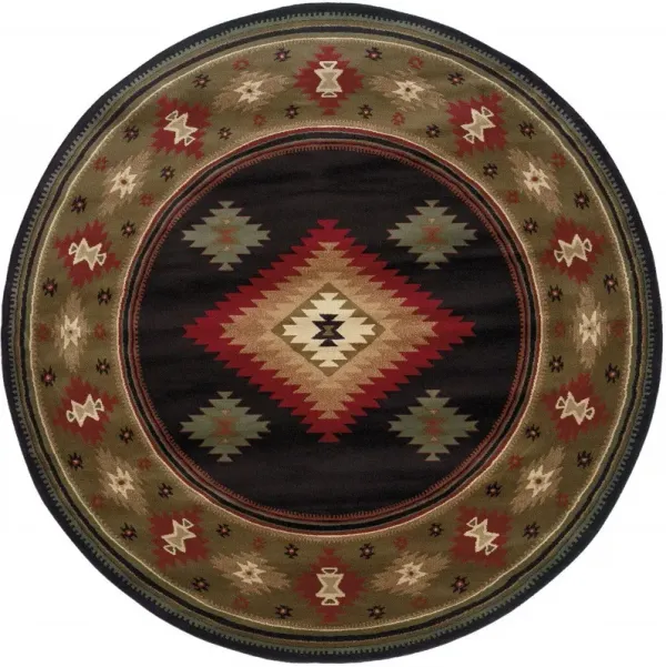 8' Round Southwestern Power Loom Stain Resistant Area Rug - Black