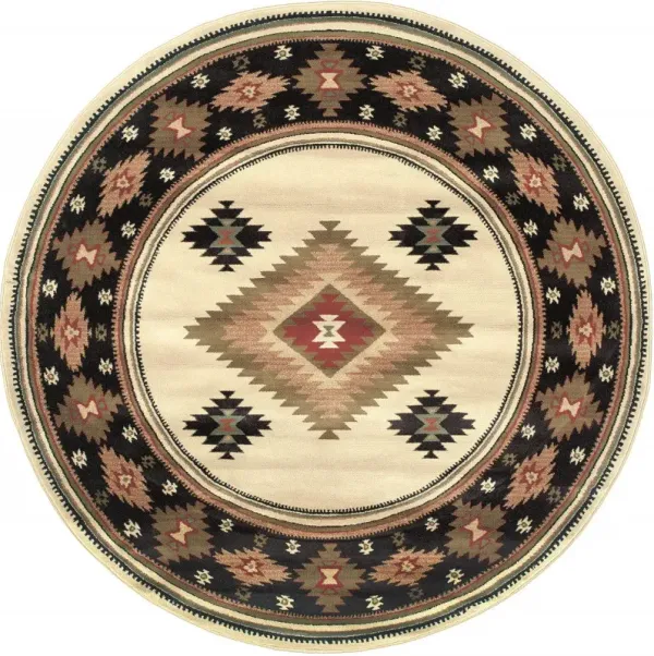 8' Round Southwestern Power Loom Stain Resistant Area Rug - Beige