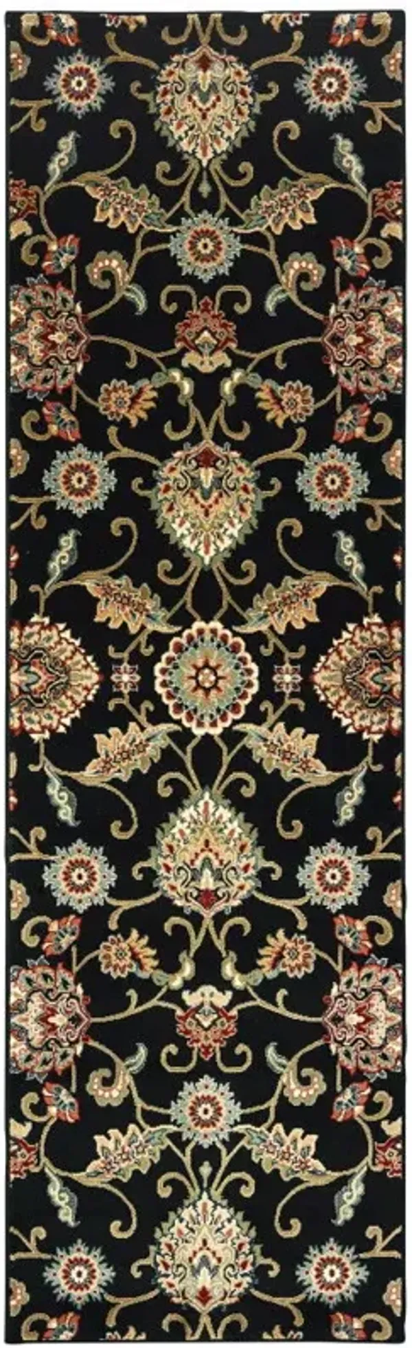 2' x 8' Floral Power Loom Stain Resistant Runner Rug - Black Red Green Ivory Salmon And Yellow