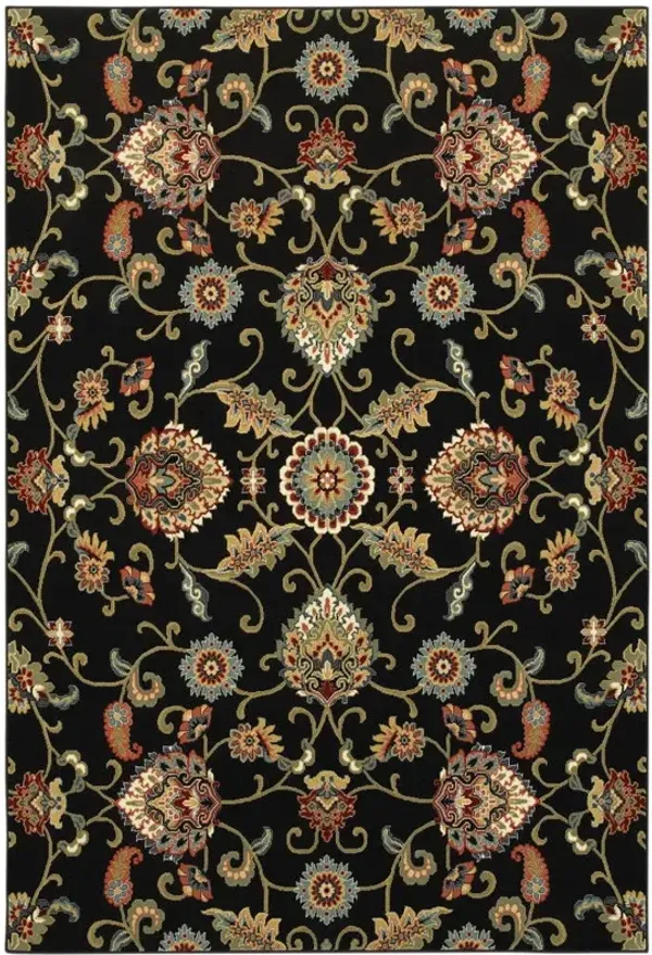 5' x 8' Floral Power Loom Stain Resistant Area Rug - Black Red Green Ivory Salmon And Yellow