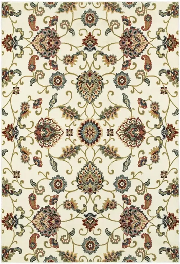 8' x 11' Floral Power Loom Stain Resistant Area Rug - Ivory Green Blue Red Salmon And Yellow