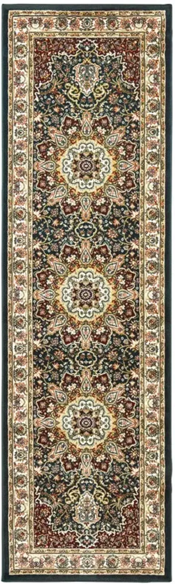 2.2' x 7.6' Oriental Power Loom Stain Resistant Runner Rug - Navy And Ivory