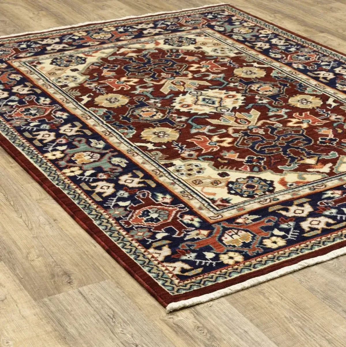 8' x 11' Oriental Power Loom Stain Resistant Area Rug With Fringe - Red Blue Orange And Beige