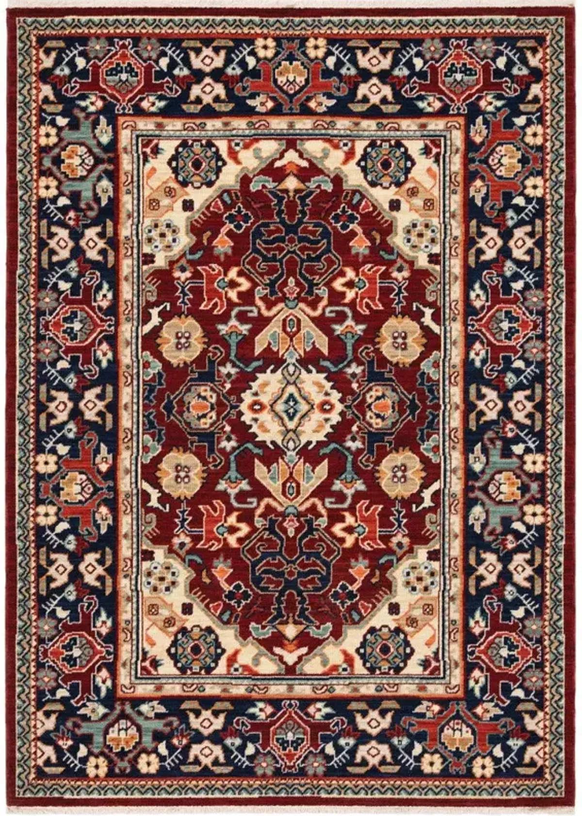 8' x 11' Oriental Power Loom Stain Resistant Area Rug With Fringe - Red Blue Orange And Beige