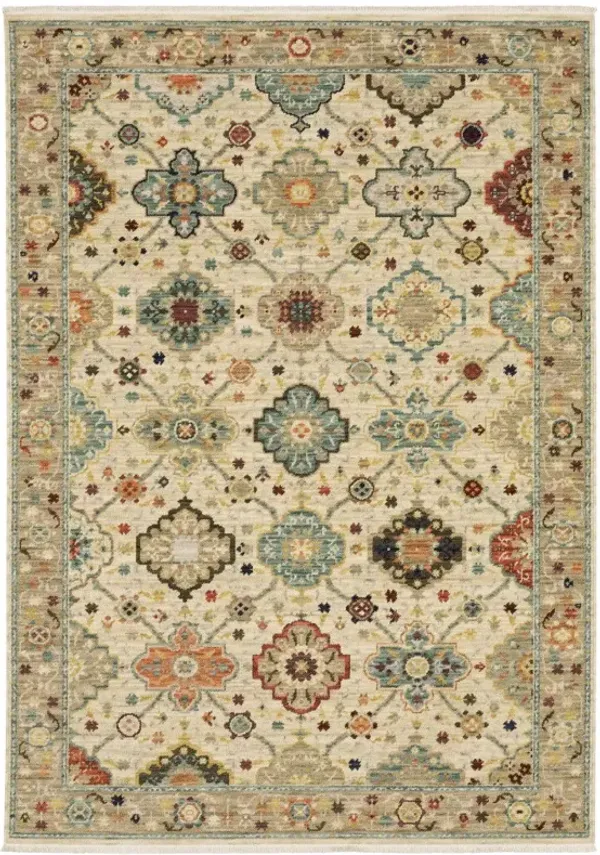 2' x 3' Oriental Power Loom Stain Resistant Area Rug With Fringe - Beige Pale Blue Rust Gold Tan Brown And Orange