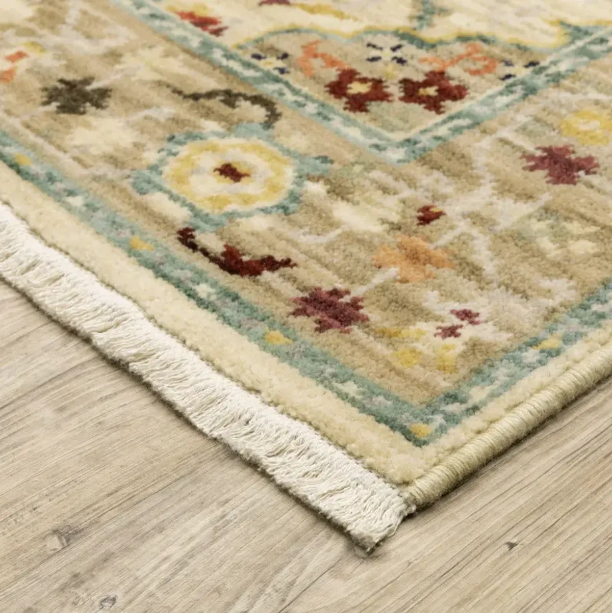 8' x 11' Oriental Power Loom Stain Resistant Area Rug With Fringe - Beige Pale Blue Rust Gold Tan Brown And Orange