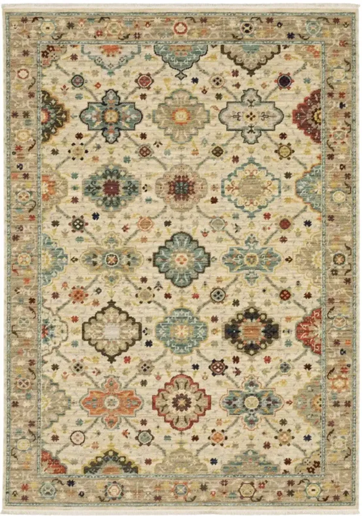 8' x 11' Oriental Power Loom Stain Resistant Area Rug With Fringe - Beige Pale Blue Rust Gold Tan Brown And Orange