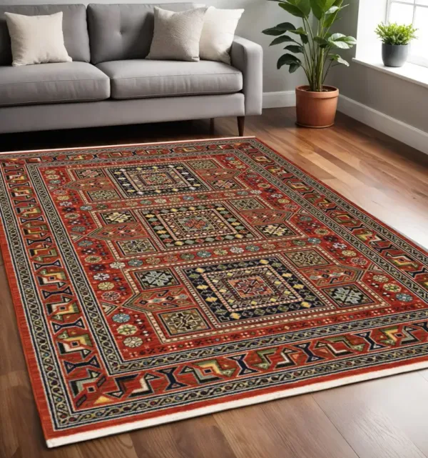 5' x 8' Oriental Power Loom Stain Resistant Area Rug With Fringe - Red Blue Beige And Green