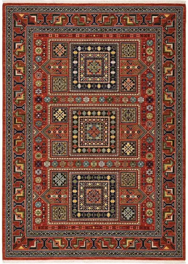 6.6' x 9.7' Oriental Power Loom Area Rug With Fringe - Red And Blue