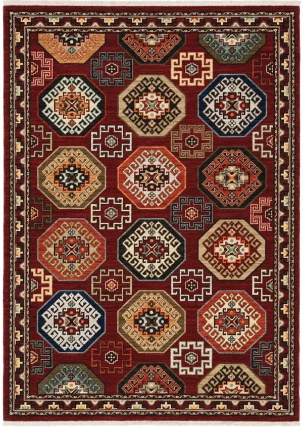 5' x 8' Oriental Power Loom Stain Resistant Area Rug With Fringe - Red Blue Brown And Beige