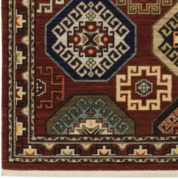10' x 13' Oriental Power Loom Stain Resistant Area Rug With Fringe - Red Blue Brown And Beige