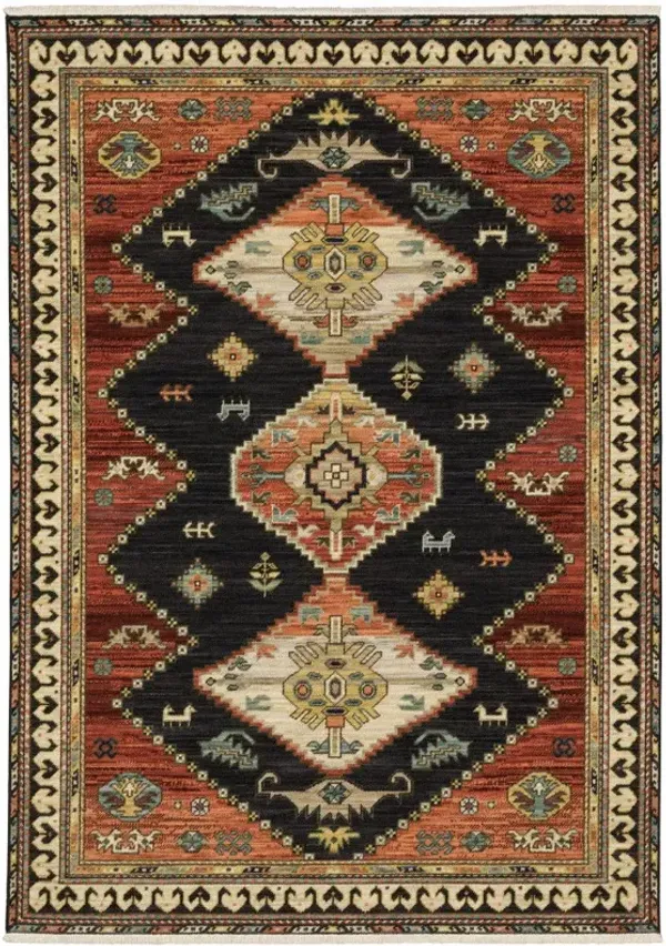 2' x 3' Oriental Power Loom Stain Resistant Area Rug With Fringe - Charcoal Brown Orange Salmon Gold Navy Ivory And Pale Blue