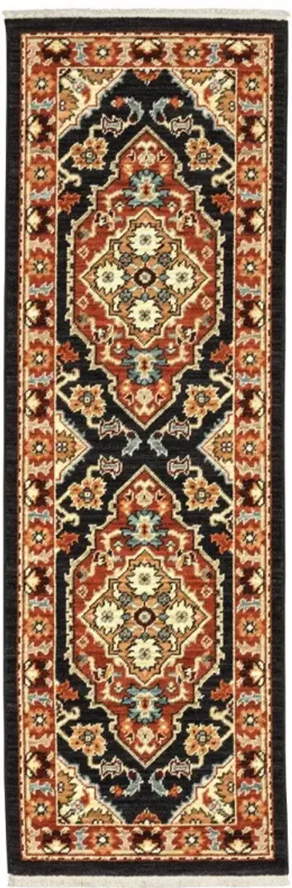 2' x 6' Oriental Power Loom Stain Resistant Runner Rug With Fringe - Black Orange And Beige