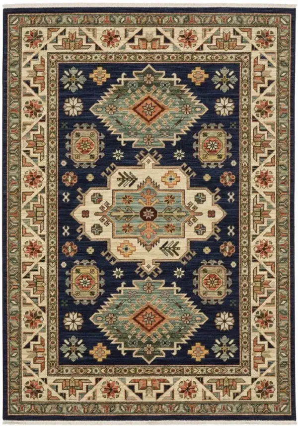 8' x 11' Oriental Power Loom Stain Resistant Area Rug With Fringe - Navy Charcoal Orange Rust Gold Pale Blue Olive Beige And Salmon