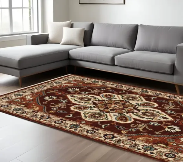 8' x 11' Oriental Power Loom Stain Resistant Area Rug With Fringe - Red Ivory Orange And Blue