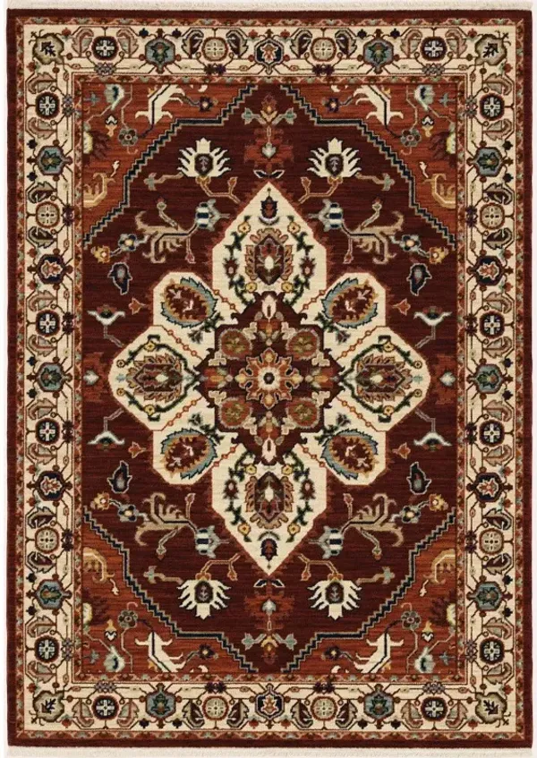 10' x 13' Oriental Power Loom Stain Resistant Area Rug With Fringe - Red Ivory Orange And Blue