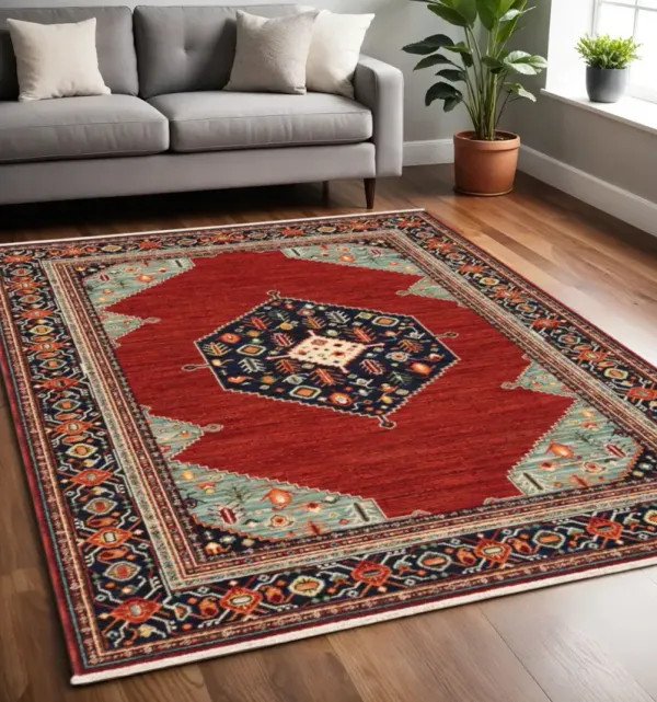 5' x 8' Oriental Power Loom Stain Resistant Area Rug With Fringe - Red Blue Orange And Ivory