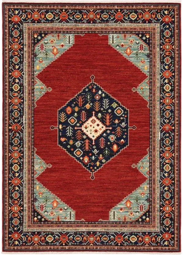8' x 11' Oriental Power Loom Stain Resistant Area Rug With Fringe - Red Blue Orange And Ivory