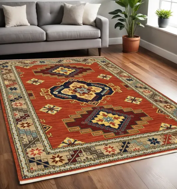 5' x 8' Oriental Power Loom Area Rug - Red And Gold