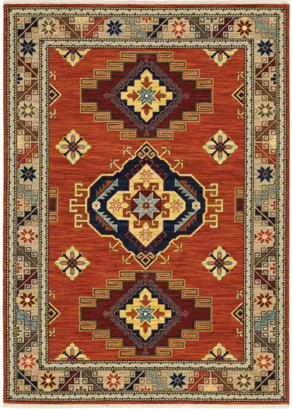 6' x 9' Oriental Power Loom Stain Resistant Area Rug With Fringe - Red Gold Blue Brown