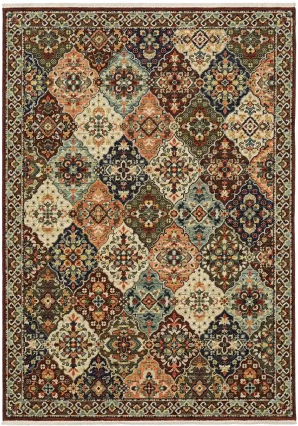 8' x 11' Oriental Power Loom Stain Resistant Area Rug With Fringe - Red Rust Navy Light Blue Brown Orange Ivory And Gold