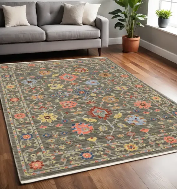 5' x 8' Oriental Power Loom Stain Resistant Area Rug With Fringe - Gray Salmon Pink Gold Blue Rust Deep Blue Ivory And Green