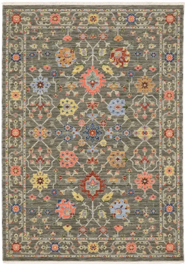 8' x 11' Oriental Power Loom Stain Resistant Area Rug With Fringe - Gray Salmon Pink Gold Blue Rust Deep Blue Ivory And Green