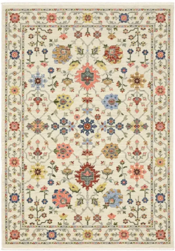 10' x 13' Oriental Power Loom Stain Resistant Area Rug With Fringe - Ivory Salmon Pink Gold Blues Gray Rust And Green